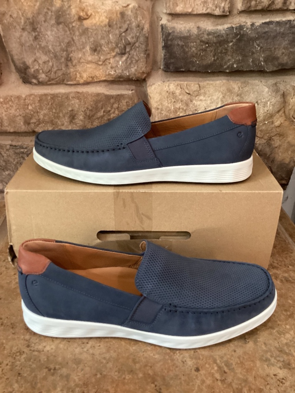 Ecco Men Lite Moccasins 10-10.5 44 Blue Brown Nubuck Leather Slip On Loafer New